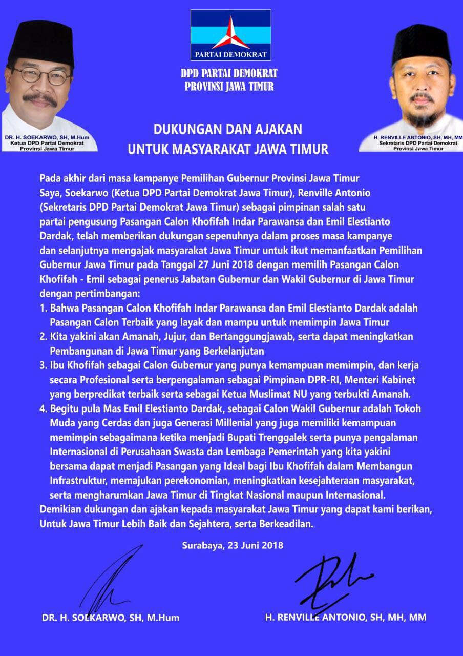 Pakde Karwo Ajak Masyarakat Jatim 27 Juni Pilih Khofifah-Emil