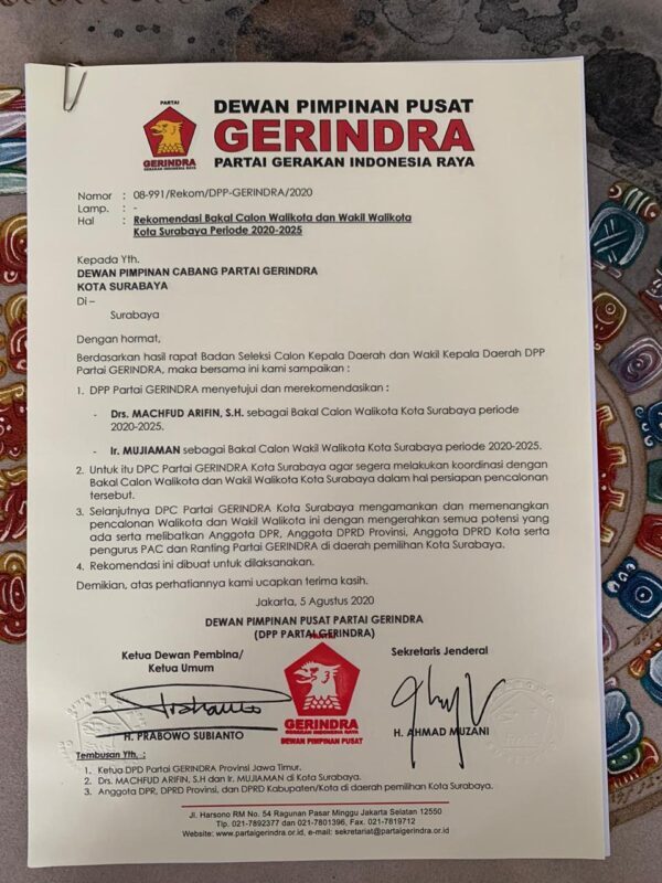 Partai Gerindra Keluarkan Rekom Machfud Arifin-Mujiaman Untuk Pilwali Surabaya