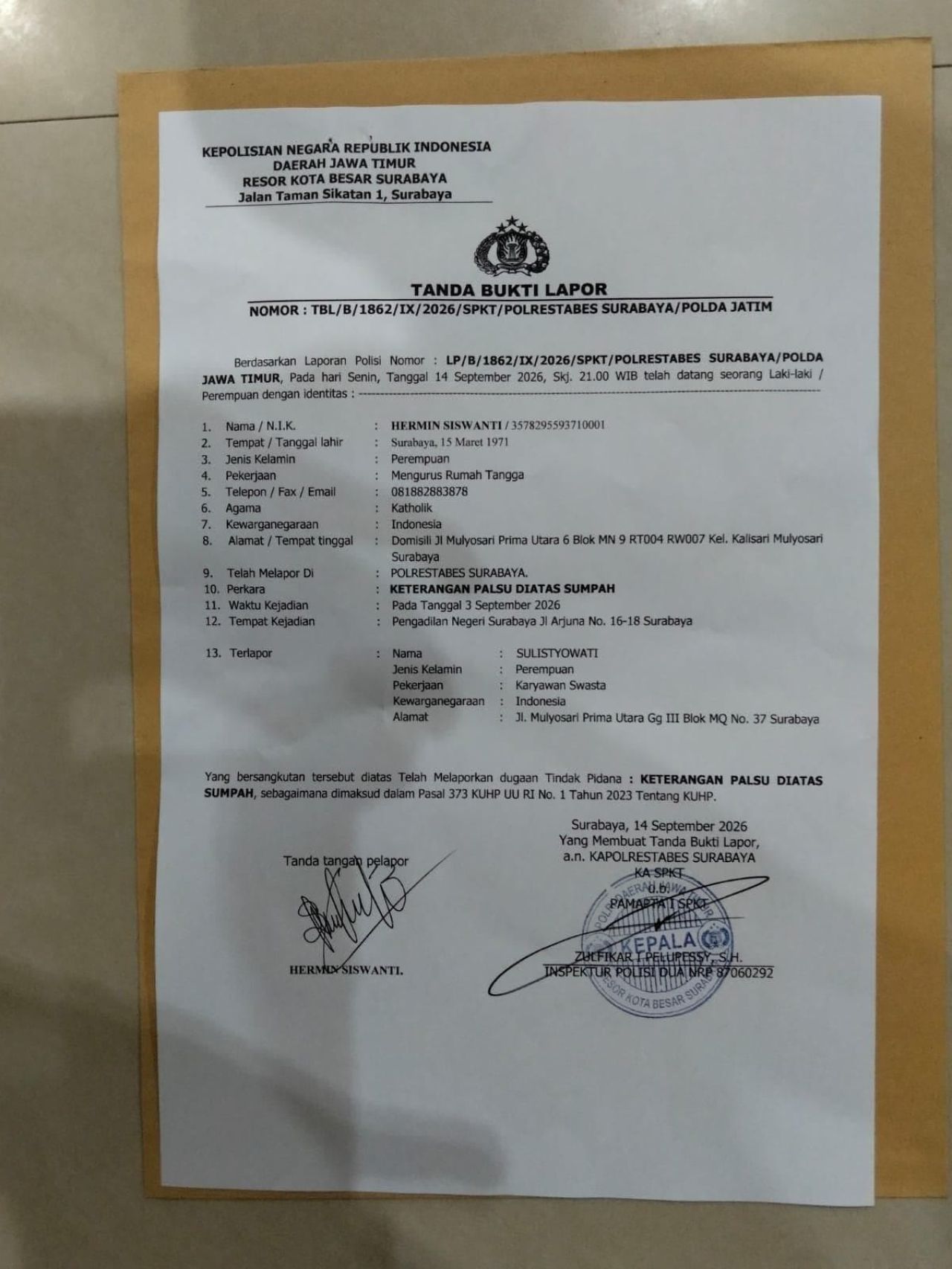 Tanda bukti laporan Hermin ke Polrestabes Surabaya